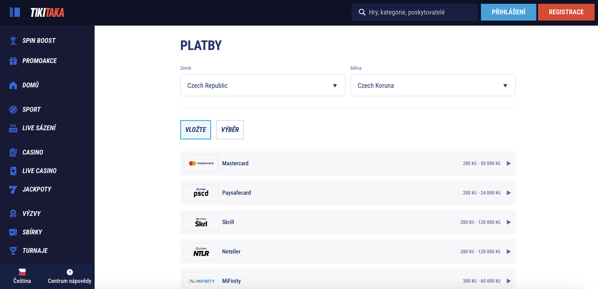 TikiTaka Casino Deposit Methods Czechia