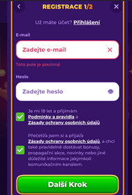Volba uvitaciho bonusu a zadani emailove adresy a hesla